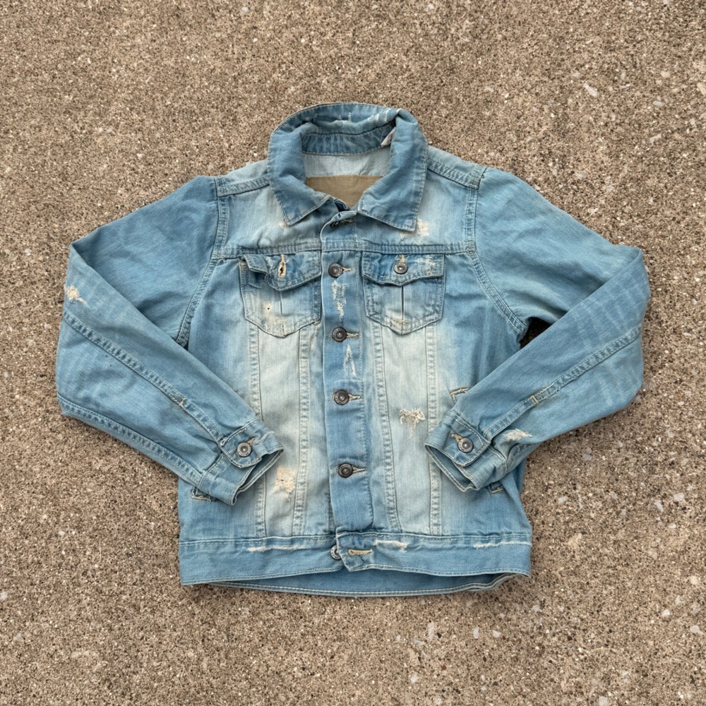 Vintage Escapism ESPM Jean Jacket Medium Blue Distressed Trucker Patch Denim
